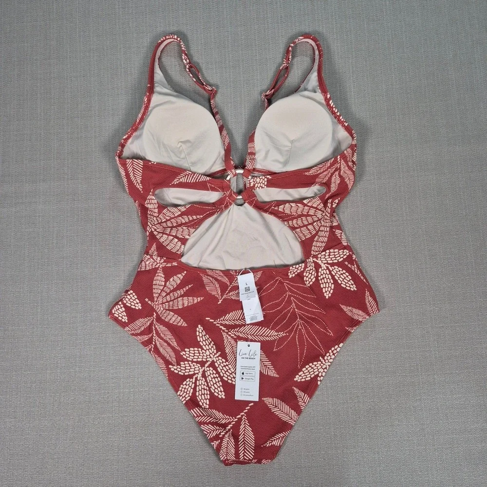 Cupshe‎ Womens Rust Tropical Leaf Print One Piece Swimsuit Cutout V-Neck Size L